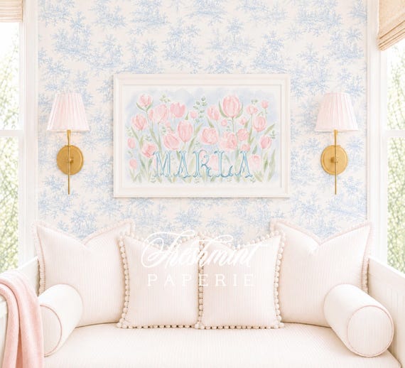 Watercolor Floral Nursery Print, Custom Name Wall Art, Tulips, Garden