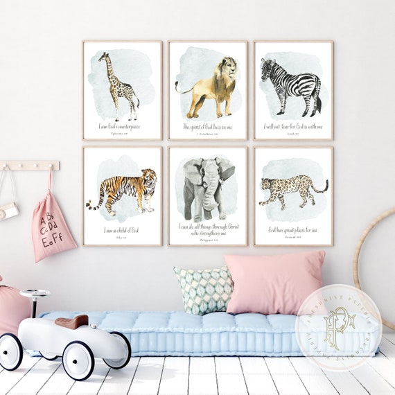 Jungle Animals wall art, Kid's Bible Verse Wall Art, Safari Animal Prints, Baby Boy Nursery Wall Art, Nursery Decor, Scripture Wall Art