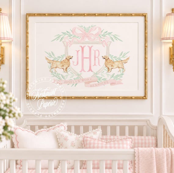 Golden Retriever Nursery Wall art: Monogram, Crest, Grandmillennial