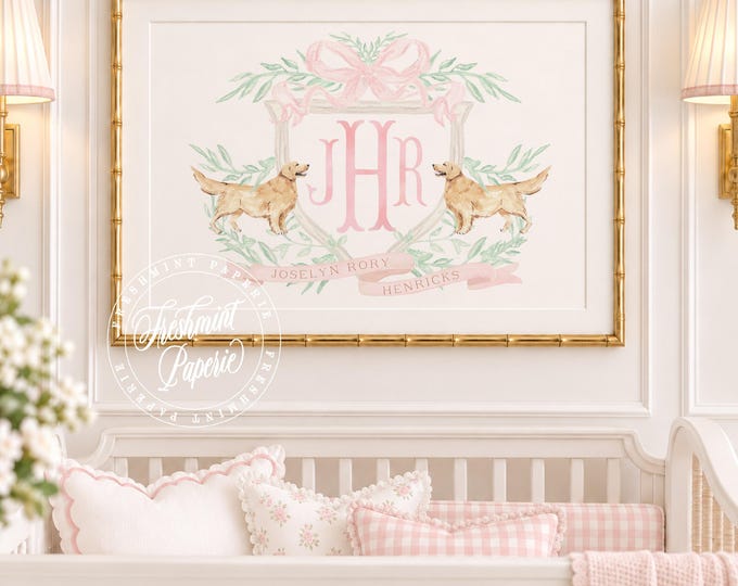 Golden Retriever Nursery Wall art: Monogram, Crest, Grandmillennial
