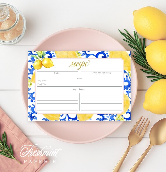 40 Recipe Cards ready to ship, Lemon Blue design, INVENTORY SALE