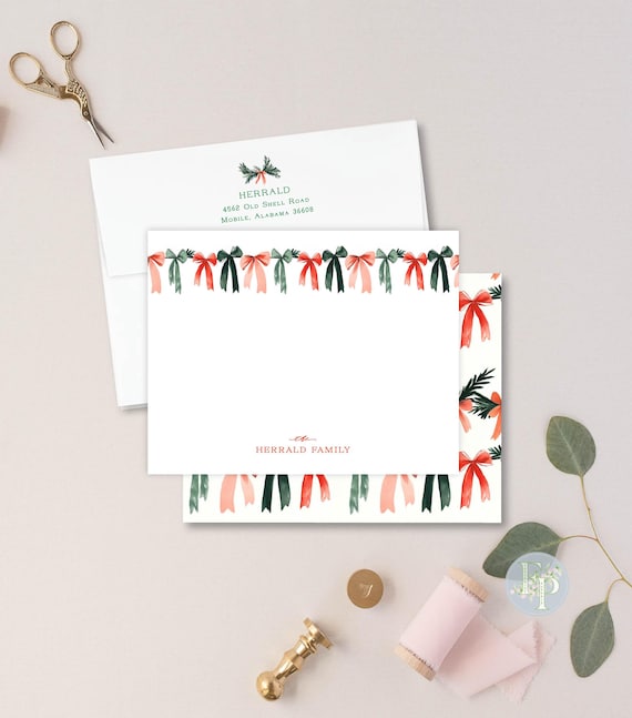 Personalized Stationery, Holiday Note Cards, Plaid Notecards, Ribbon Notecards, Christmas Notecards, Christmas Stationery, Plaid Bow Ribbon