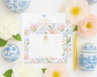 Personalized Monogram Stationery – Watercolor Florals Chinoiserie Note Cards