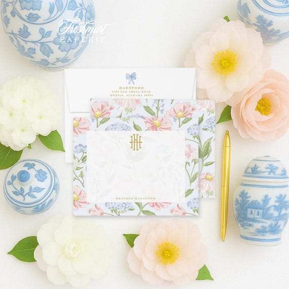 Personalized Stationery - Monogram Note Cards - Monogram Stationery Note Cards - Stationery Suite - Chinoiserie, Watercolor florals, Bow