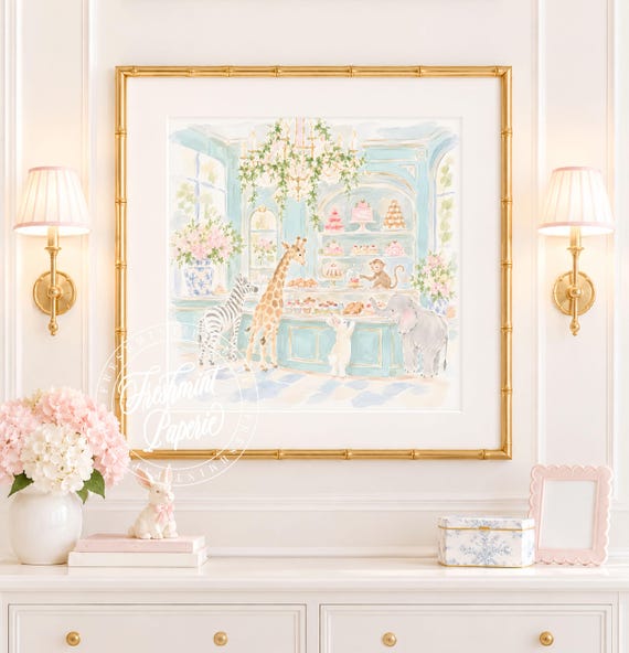 Nursery Wall Art, Safari, Cafe, Turquoise, Patisserie, Grandmillennial, Chinoiserie