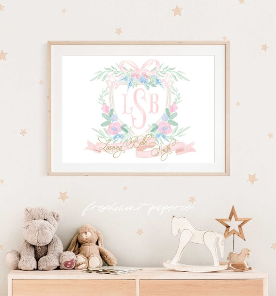 Watercolor monogram Floral nursery Wall Art, Nursery name print, Monogram Nursery, Custom nursery wall art, Whimsical floral nursery art