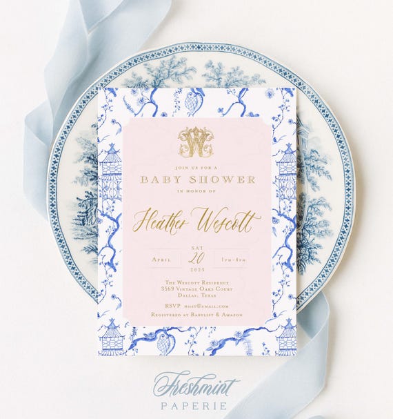 Chinoiserie invitation - Monogram invitation - Ginger Jar Invitation - Chinoiserie invitation - Baby Shower Invitation