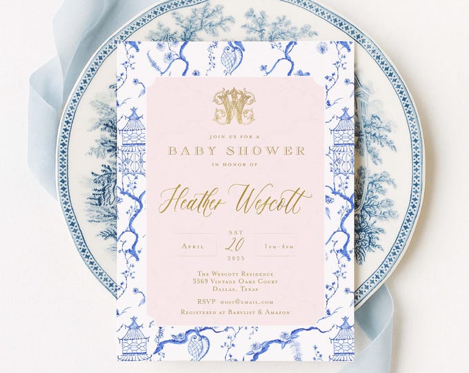 Chinoiserie invitation - Monogram invitation - Ginger Jar Invitation - Chinoiserie invitation - Baby Shower Invitation