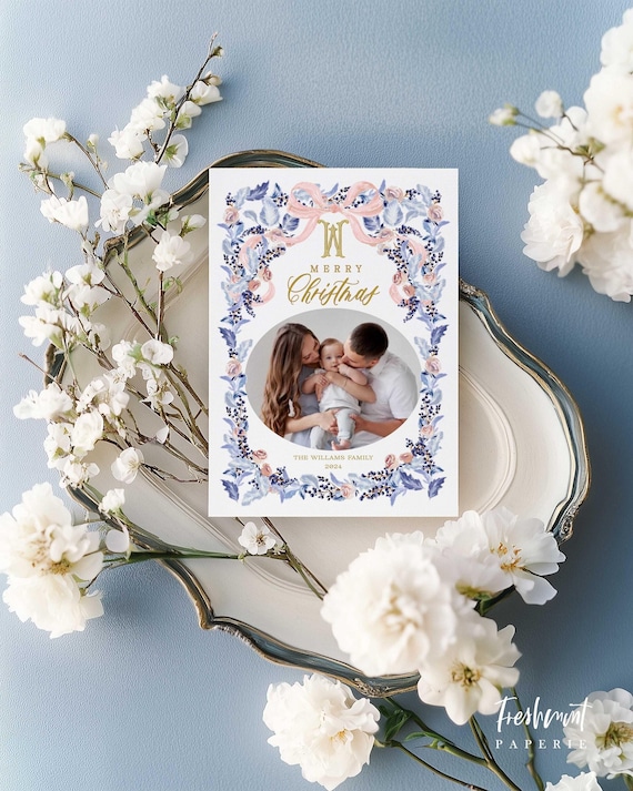 Blue Floral Wreath Photo Christmas Card, Monogram Holiday Cards