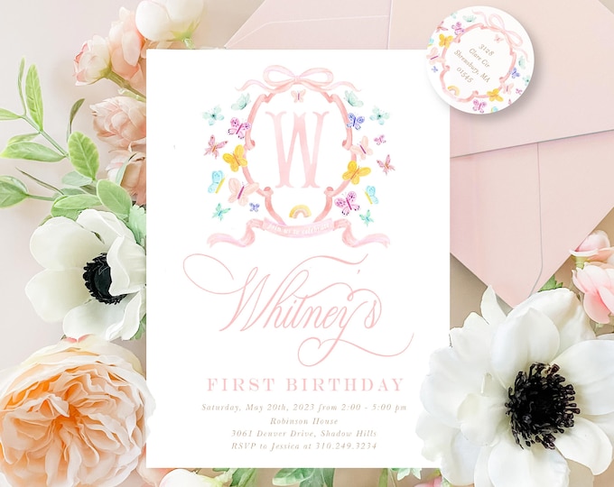 Watercolor Butterfly Birthday Invitation: Rainbow Monogram, Crest