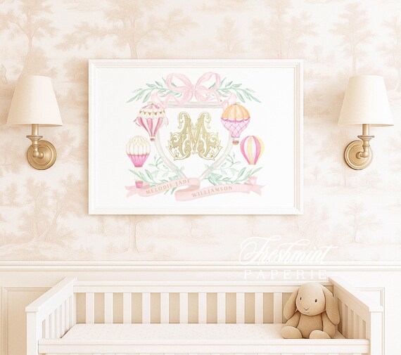 Watercolor Hot Air Balloon nursery Wall Art, Nursery name print, Monogram Nursery, Custom nursery wall art, Pink Hot air balloon, Crest