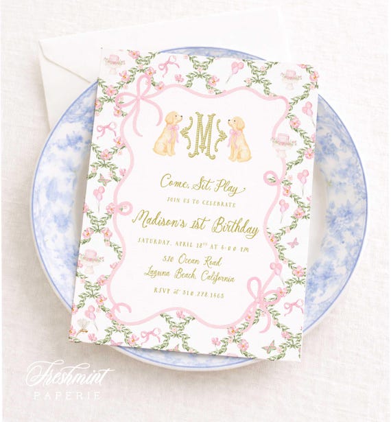 Puppy Birthday Invitation: Watercolor, Monogram, Grandmillennial, Pink Bow, Floral