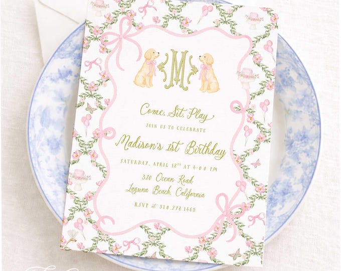 Puppy Birthday Invitation: Watercolor, Monogram, Grandmillennial, Pink Bow, Floral