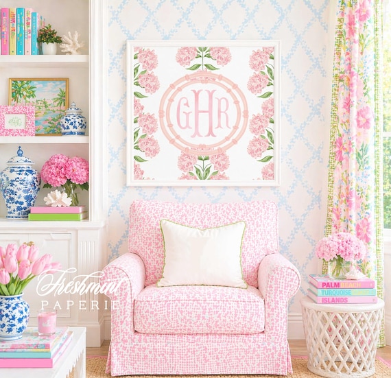 Monogram Wall Art, Pink Hydrangeas, Painting, Grandmillennial, Watercolor