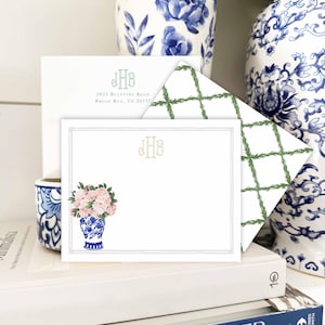 Gepersonaliseerd briefpapier - notitiekaarten gemberpot pioenroos - briefpapier pioenroos - notitiekaarten gemberpot - chinoiserie - set40