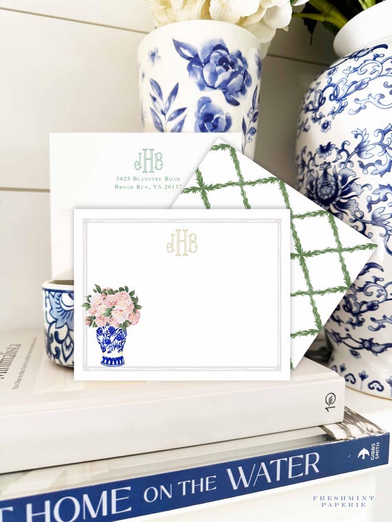 Personalized Stationery - Peony Ginger Jar Note Cards - Peony Stationery Note Cards - Ginger Jar Notecards - Chinoiserie - set40