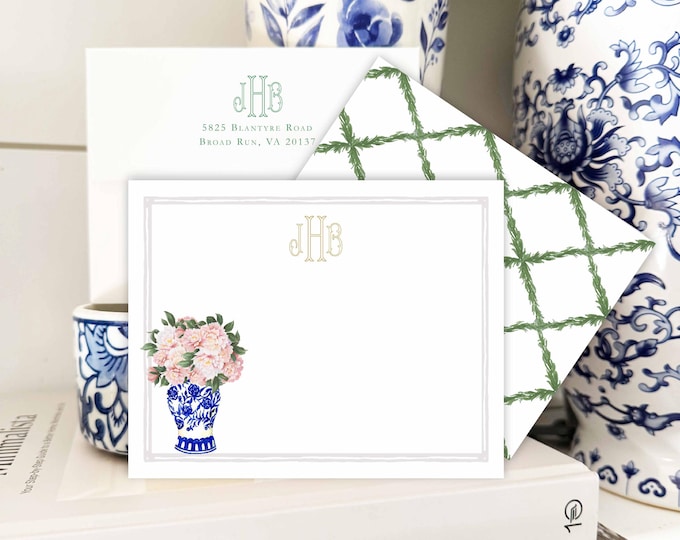 Personalized Stationery - Peony Ginger Jar Note Cards - Peony Stationery Note Cards - Ginger Jar Notecards - Chinoiserie - set40