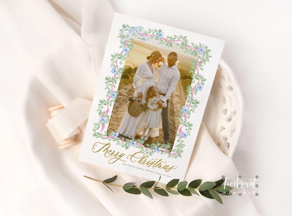 Pink Floral Wreath Photo Christmas Cards, Monogram