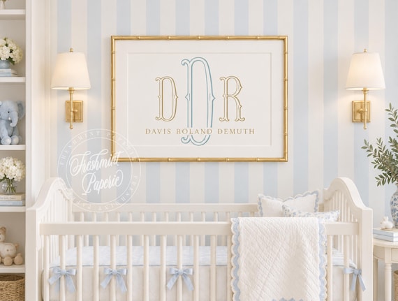 Monogram Nursery Wall Art: Custom Watercolor Name Print, Tan & Blue letters
