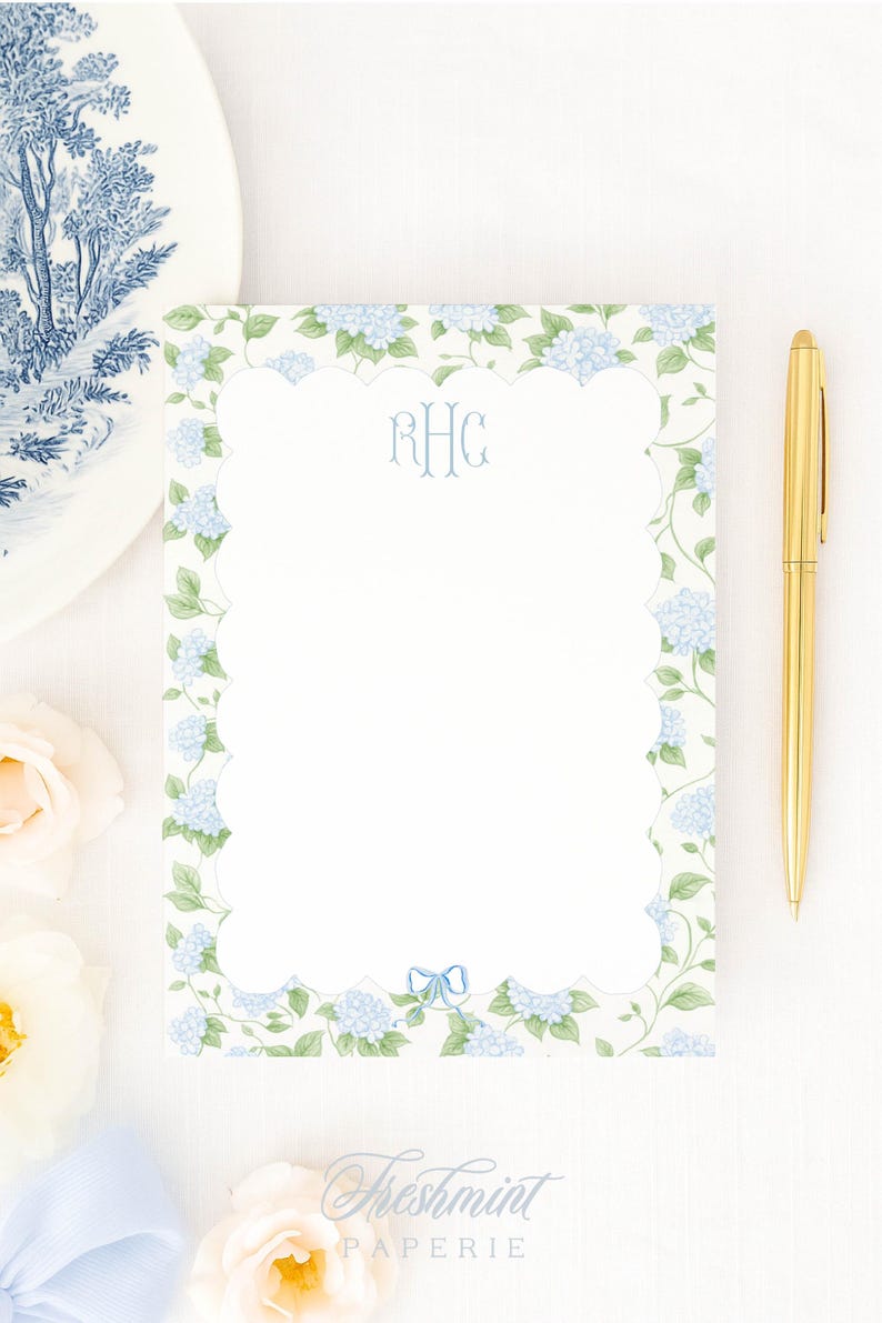 Hydrangea Watercolor Floral Notepad: Custom Monogrammed Stationery ...