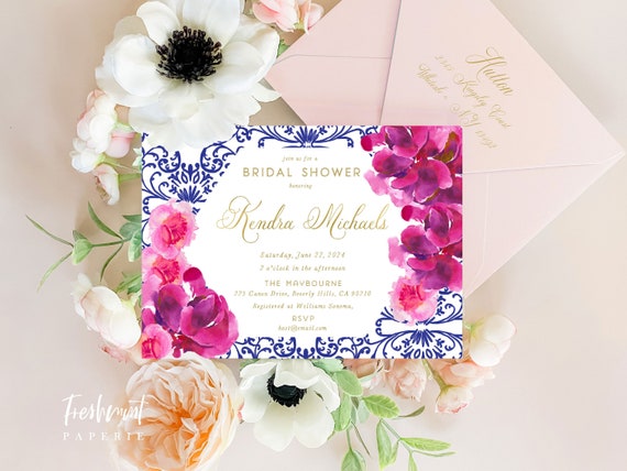 Watercolor floral invitation - Chinoiserie floral invitation - Bridal Shower Invitation - Chinoiserie invitation - hot pink floral