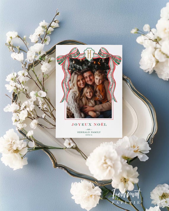 Red ribbon Holiday Cards, Christmas card, Plaid Christmas cards, Photo holiday cards, Pretty Holiday Cards, Red plaid ribbon, red bow