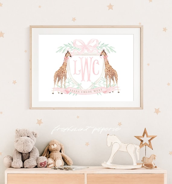 Giraffe wall art, Watercolor Giraffe Wall Art, Nursery name print, Giraffe with Bow, Custom nursery wall art, Newborn Gifts