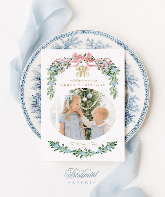 Blue Floral Photo Christmas Cards, Chinoiserie Holiday Card