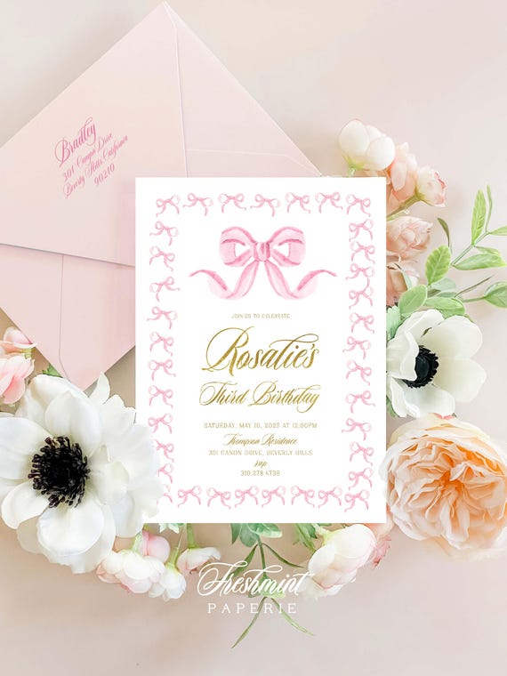 Pink Bow invitation, Tween Pink Bow invitation, Girly Birthday Invitation, Coquette invitation, Trendy Girl invitation, Pink Ribbon