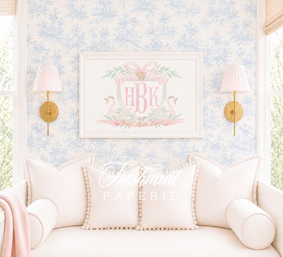 Swan Nursery Monogram Print, Pink Bow, Grandmillennial