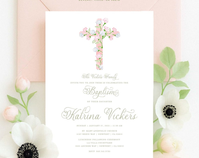 Floral Cross Baptism Invitation - Christening