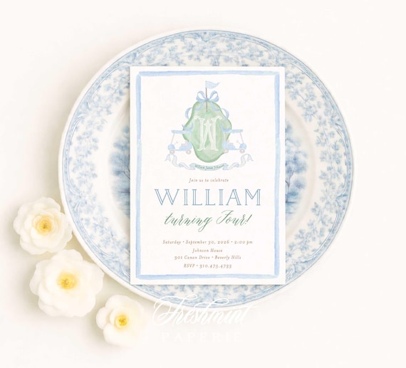 Preppy Golf Birthday Invitation, Monogram, Gingham, Crest, Blue Bow, Grandmillennial