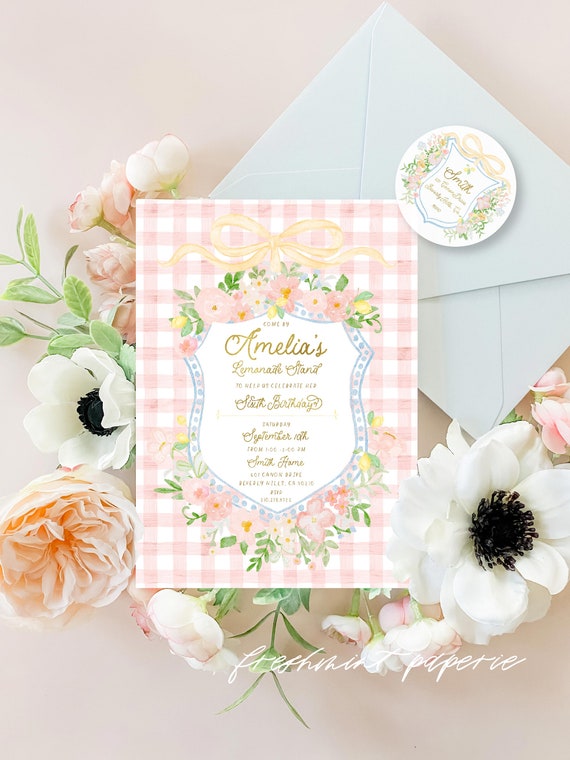 Lemonade Stand Birthday invitation | Gingham invitation | Floral Lemonade Birthday Invitation | Lemons invitation | Lemonade Invitation