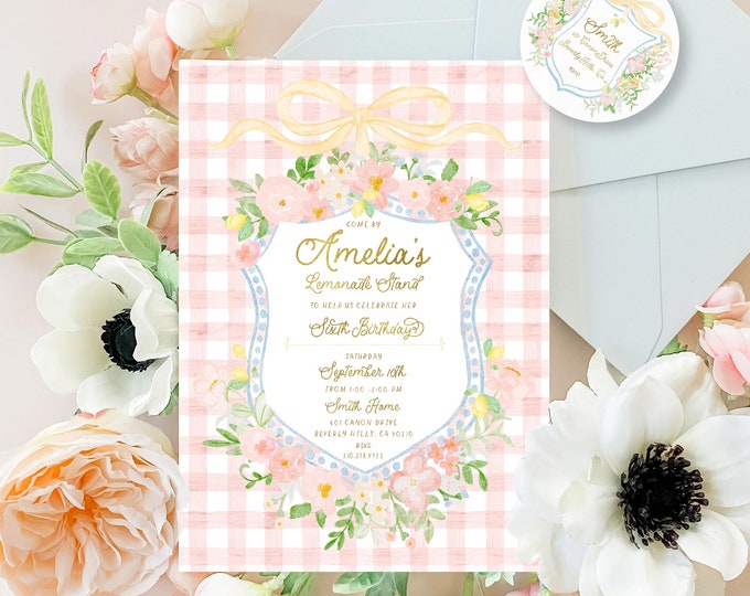 Floral Lemonade Birthday Invitation | Pink Gingham