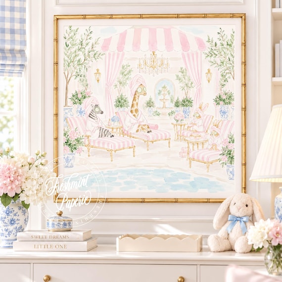 Nursery Wall Art, Bunny & Giraffe art, Spa, Grandmillennial, Chinoiserie