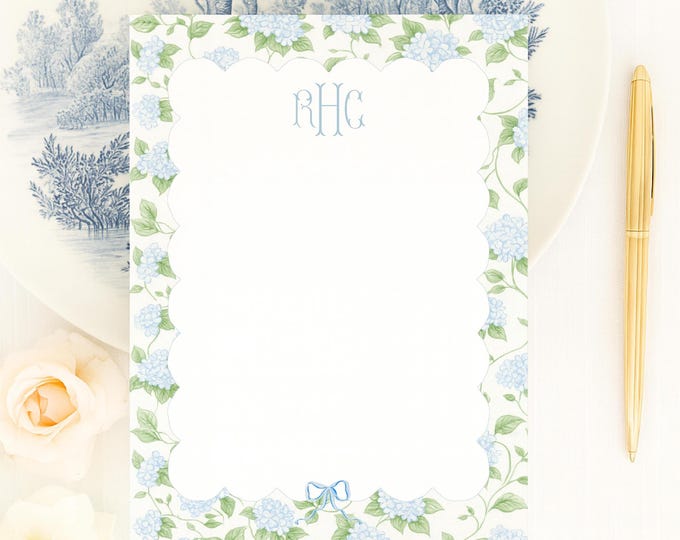 Hydrangea Watercolor Floral Notepad: Custom Monogrammed Stationery - 5x7