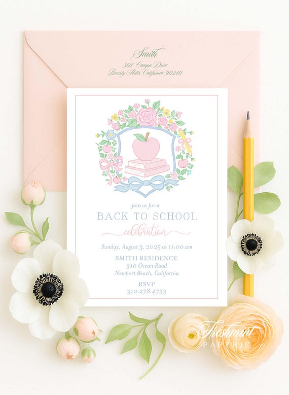 Back to School invitation - Watercolor Apple Invitation - Back to School - kindergarten - Granmillennial - Pink Gingham