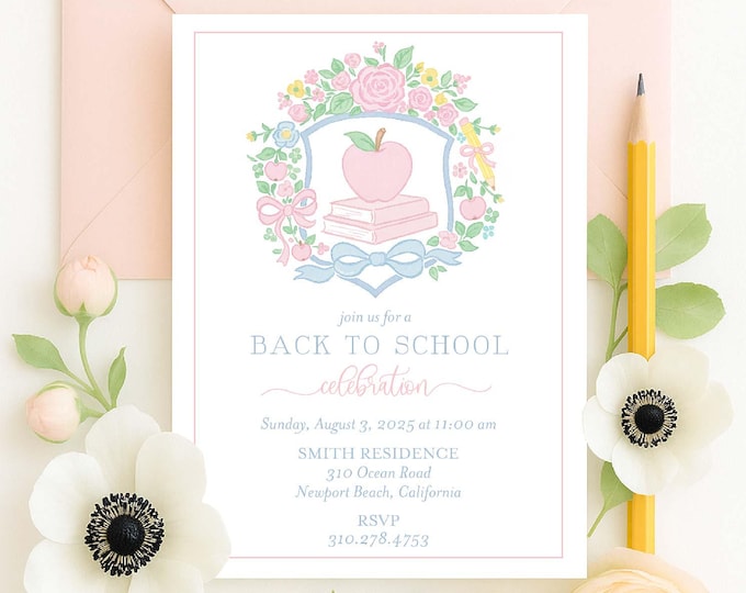 Watercolor Apple Back to School Invitation: Pink Gingham (Digital or Printed)