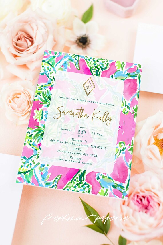 Tropical invitation | colorful baby shower Invitation | Monogrammed |  Pink Baby Shower Invitation | Tropical | Watercolor