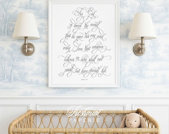 John 3:16 Bible Verse Print, Christian Nursery Art, Scripture Wall Decor