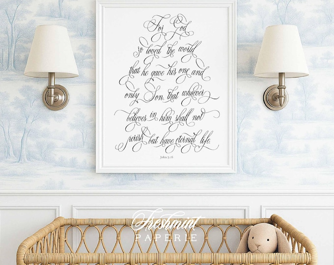 John 3:16 Bible Verse Print, Christian Nursery Art, Scripture Wall Decor