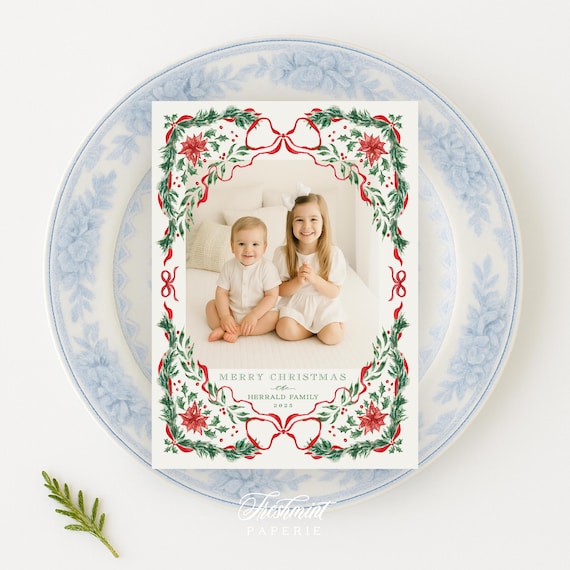 Classic Holiday Cards: Red and Green Garland, Watercolor Ribbons, Poinsettia, Christmas Photo Card