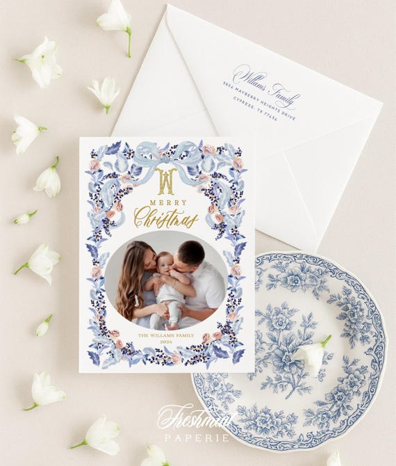 Blue Floral Photo Holiday Cards: Monogram Wreath Design