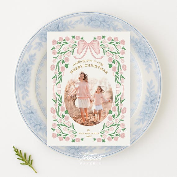 Pink Floral Photo Holiday Cards: Christmas Wreath Monogram