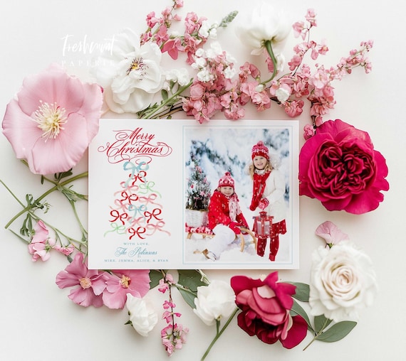 Ribbon Christmas Tree Holiday Cards, Christmas card, Watercolor Ribbons Christmas cards, Pretty Holiday Cards, Ribbons & Bows