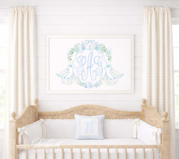 Blue Toile Nursery Print, Custom Monogram Wall Art, Goose