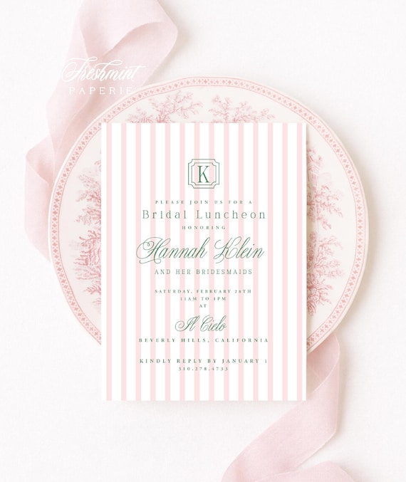 Pink Stripes Bridal Luncheon Invitation: Personalized Monogram, Preppy