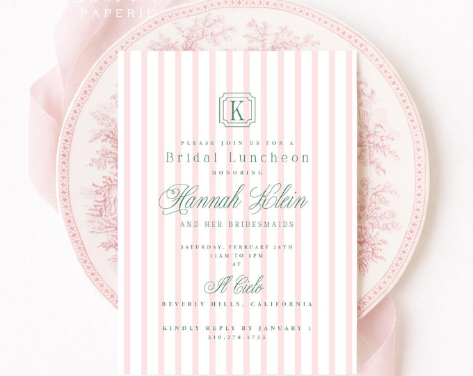 Pink Stripes Bridal Luncheon Invitation: Personalized Monogram, Preppy