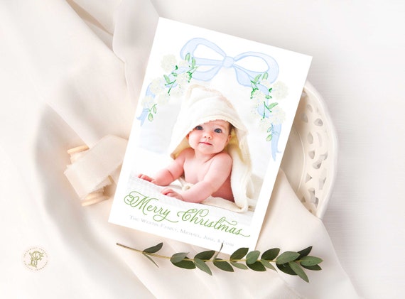 Blue floral Holiday Cards, Christmas card, Photo Christmas cards, Photo holiday cards, Pretty Holiday Cards, Monogram, Wreath