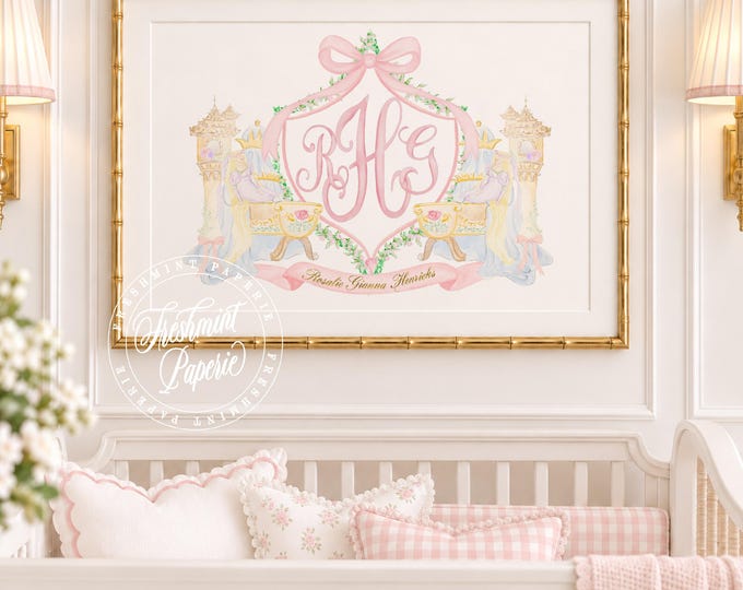 Princess Nursery Wall Art: Custom Name Monogram, Watercolor Castle